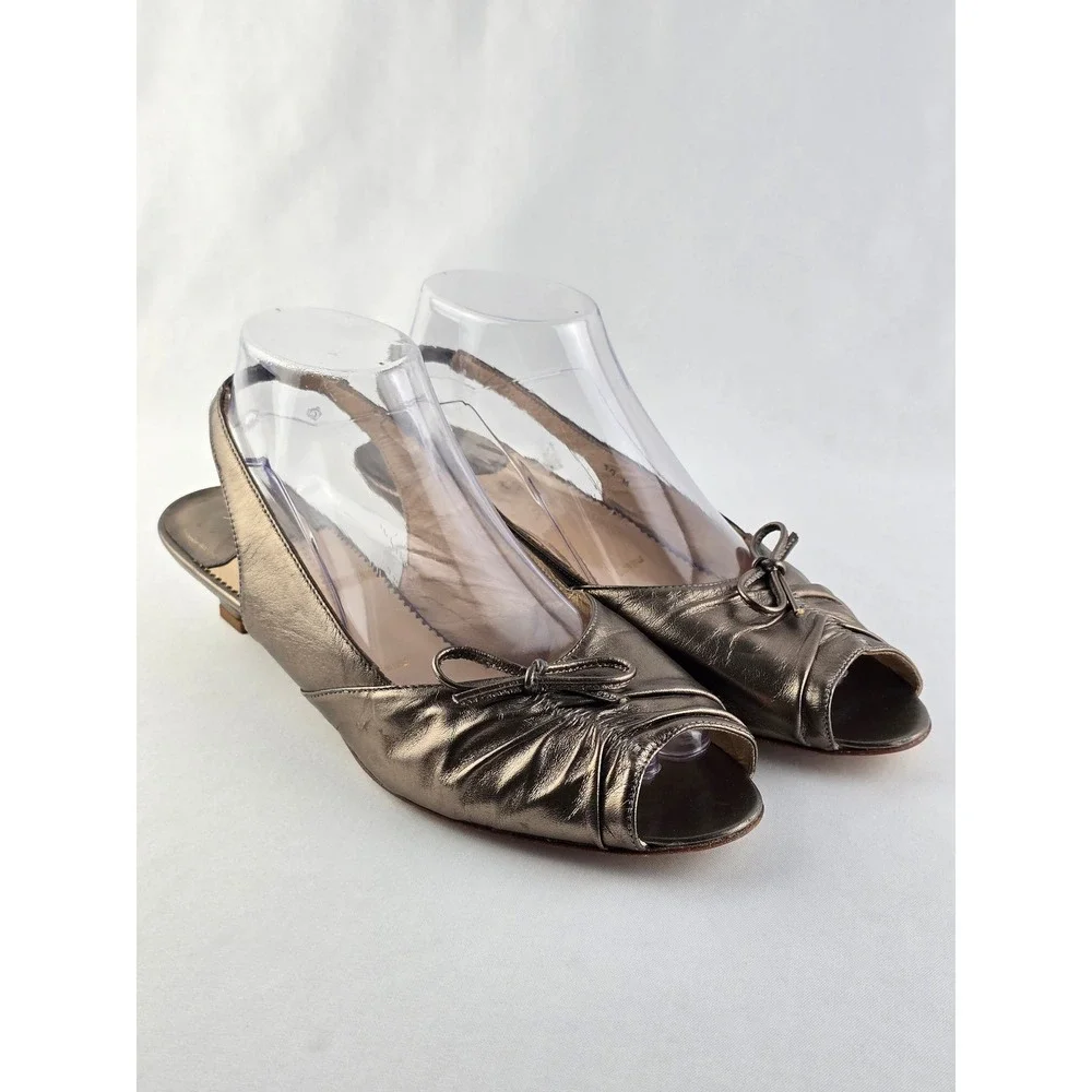 Amalfi Women's Metallic Leather Bow Peep Toe Slingback Kitten Heels Bronze 10 - Picture 15 of 16